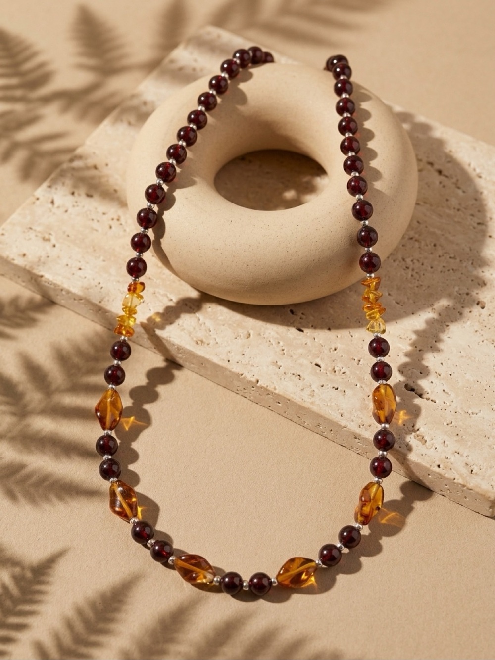 Classic Handmade Amber Color and Burgundy Glass Beaded Necklace